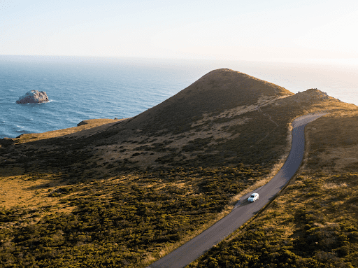 Picture of Sonoma, California, mountain with road and a car next to the sea